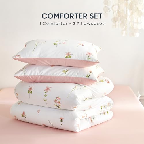 Wake In Cloud - Floral Comforter Set, Cottagecore Cute Aesthetic Watercolor Tiny Flowers and Leaves, Soft Lightweight Bedding for Women Teen Girls, 3 Pieces, Pink, Queen Size β image 3