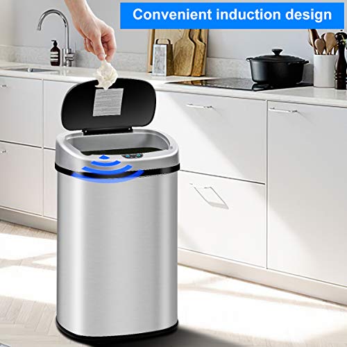 Kitchen Trash Can Stainless Steel Garbage Trash Can 13 Gallon / 50L Automatic Touch Free High-Capacity Garbage Can With Lid Home Bathroom Office Restroom Brushed Large Dustbin,Silver #TOP4