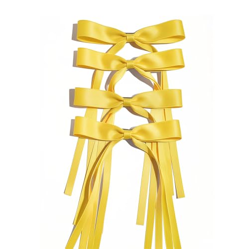 Zosutetoxo 4 Pieces Yellow Ribbon Hair Clips with Long Band Handmade Hair Bows Yellow Hair Accessories for Women and Girls