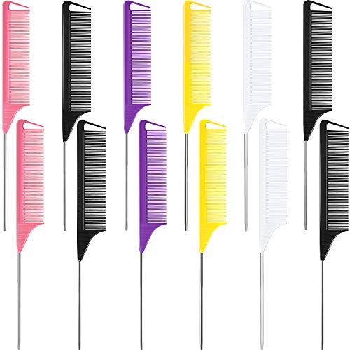 12 Pieces Hair Parting Comb Pin Tail Combs Fine-tooth Comb Rat Tail Combs Carbon Fiber and Stainless Steel Pintail Comb for Braids Hair Styling Beauty Tools (Black, White, Pink, Yellow and Purple)