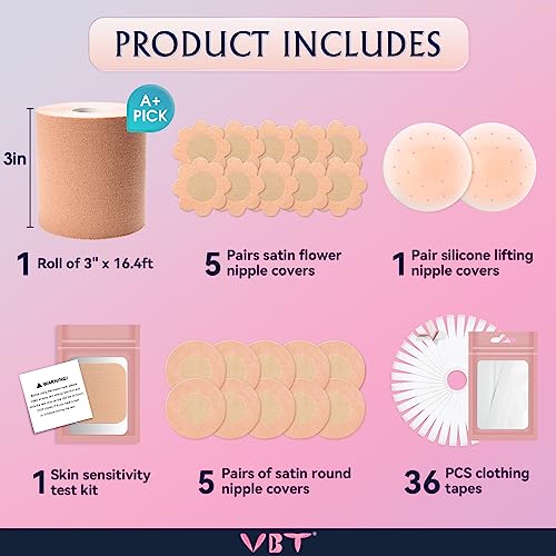 Image of VBT Boob Tape, Body Tape for Breast Lift with 1 Breast Lift Tape, 10 Pairs Satin Bra Petals, 1 Pair Silicone Nipple Stickers, 36 PCS Double Sided Tape, Bob Tape for Large Breasts A-G Cup Nude