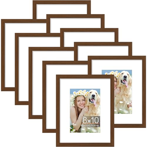 decorUhome 8x10 Picture Frame Set of 10, Display Photos 5x7 with Mat or 8x10 Unmatted for Picture Frames Collage Wall Decor, Brown