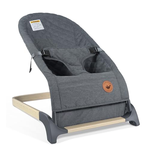 Image of ANGELBLISS Baby Bouncer, Portable Bouncer Seat for Babies, Infants Bouncy Seat with Wood Grain Base, Natural Vibrations (Grey)
