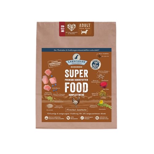 LAKEFIELDS MANUFAKTUR Super Food - Comida seca para perros de calidad superior, pollo 61%, sin cereales, alimento seco para perros pequeños adultos, alimento completo con carne de pollo, manzanas y