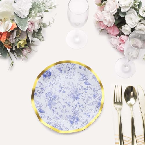Tableclothsfactory 25 Pack | 8\" White/Blue Chinoiserie Paper Dessert Appetizer Plates with Gold Wavy Rim, Disposable Round Floral Salad Party Plates