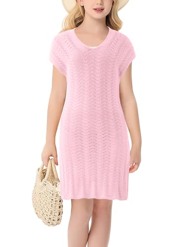 Image of Girls Cut Out Crochet Coverup V Neck Short Sleeve Beach Dress Summer Swimwear Beachwear for 4-13Y