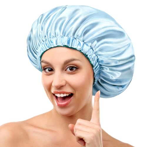 mikimini Satin Bonnet for Sleeping Women Curly Hair, Reversible Double-Layer Sleeping Hair Bonnet Extra Large Stretchy Sleep Hair Cap, 2 Pieces(Green+Light Blue)