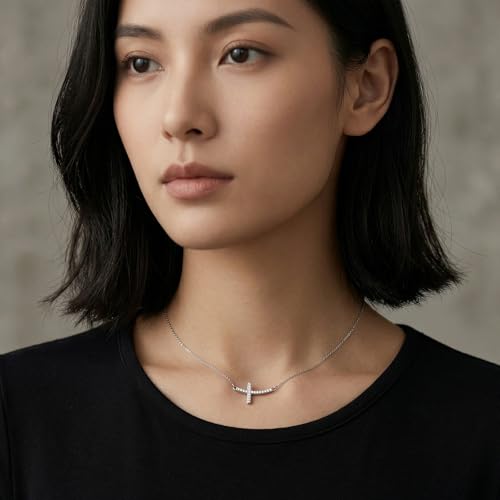 Image of Ladytree 925 Sterling Silver Concise Sideways Cross Pendant Necklace Choker for Women Christian Jewelry