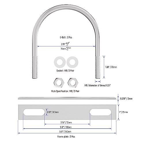 Image of 2 Sets 304 Stainless Steel Round Bend U-Bolts 2.99 inch(76mm) Inner Width 4.06 inch(103mm) Length M8 with Nuts, Frame Plate, Washers, Accessories for Boat Trailer Axle Sailboat Trailer