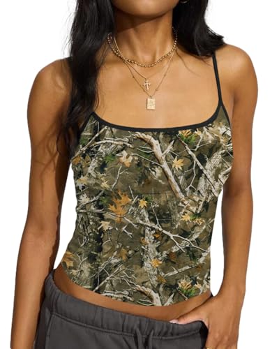Women Y2k Spaghetti Strap Camo Tank Vest Backless Sleeveless Leaf Print Crop Cami Shirts Going Out Workout Tops