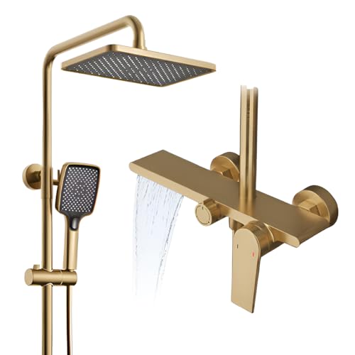 MayCon TIFO - Colonne de Douche Mural Doré Brossé Or - Mitigeur en Laiton Massif - Barre de douche en Acier Inoxydable - Pommeau de Douche Carré