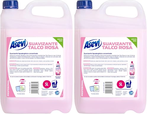 Asevi Profesional Suavizante Hipoalergénico Talco Rosa Concentrado - para Lavadora y Pieles Sensibles - Todos los Tejidos - Dermatológicamente Testado - 5 Litros - 217 Lavados (Paquete de 2)