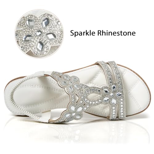 Image of iCKER Womens Rhinestone Strappy Flat Sandals Elastic Ankle Strap Open‑Toe