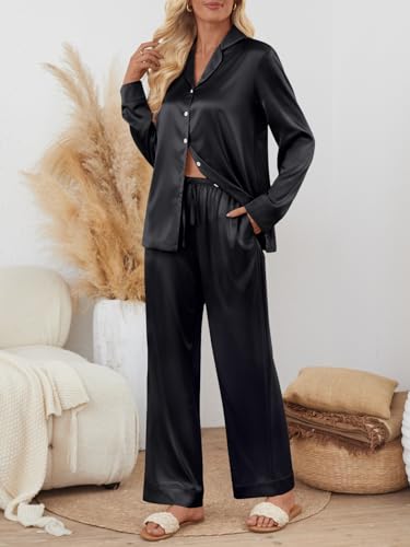 LILLUSORY Satin Silk Pajama Set for Women Fall 2 Piece Button Up Side Slit Matching Pjs Cute Long Sleeve Lounge Shirts Pants2