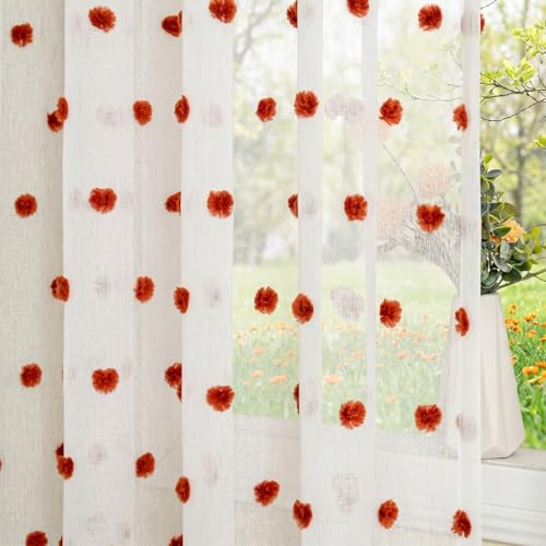 Image of MYSKY HOME Brick Red Pom Pom Sheer Curtains for Bedroom 90 Inch 2 Pieces