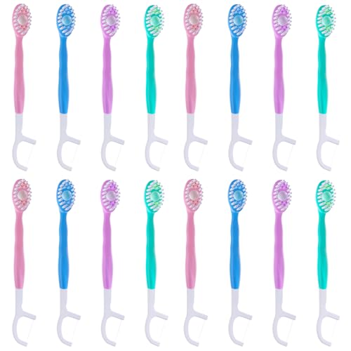 HTTDSLF 16 Cepillos de Dientes Desechables, Mini Cepillo Dental, 5 en 1 (Hilo Dental Integrado + Limpiador Lingual + Frescor + Palillo + Pastilla Dentífrica), Portátil