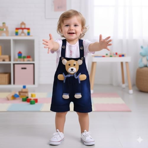 Image of A.T.U.N. (ALL THINGS UBER NICE) Baby Girls Cotton Denim Dungaree Set with 3D Teddy Bear Design |Printed T-Shirt with Adjustable Straps | Stylish & Comfortable Daily Outfit for Baby Unisex