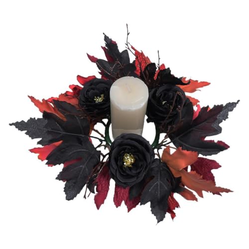 ZHUIGUANGZE Halloween Artificial Rose Candle Ring Holder Wreath Black Red Gothic Floral with Maple Leaves Wreaths Centerpieces Garland Pillar Decoration for Halloween Wedding Party Home Table Decor