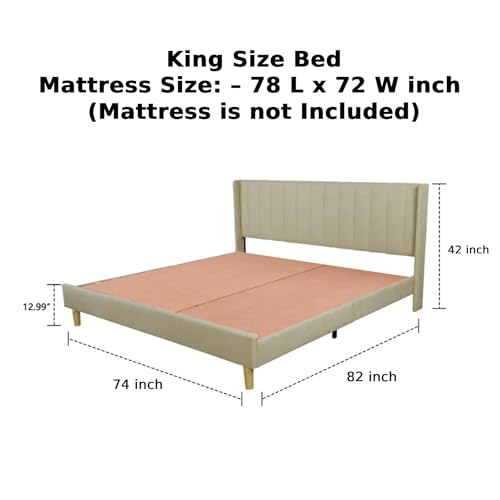 Image of Low Profile Upholstered Platform Bed with Winback Headboard | Bed King Size | Bed Without Storage | Upholstered Beds King Size | Mattress not Included | Finish Color:- Beige