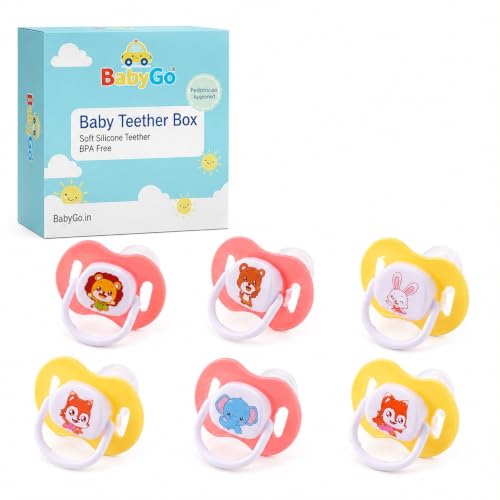 Image of BabyGo Baby Silicone Pacifier Teether for Babies | Soft Nipple | Easy to Clean | BPA Free Pacifier with Airflow Shield | Comfortable Daily Use | 0-18 Months (Pack of 6)