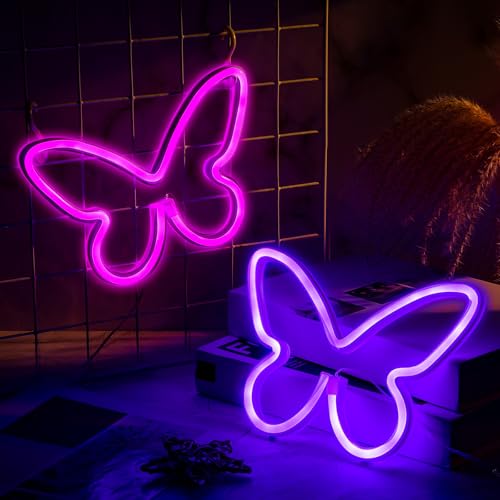 Image of Riakrum 2 Pcs Butterfly Neon Signs LED Lights Decor,Purple, Pink