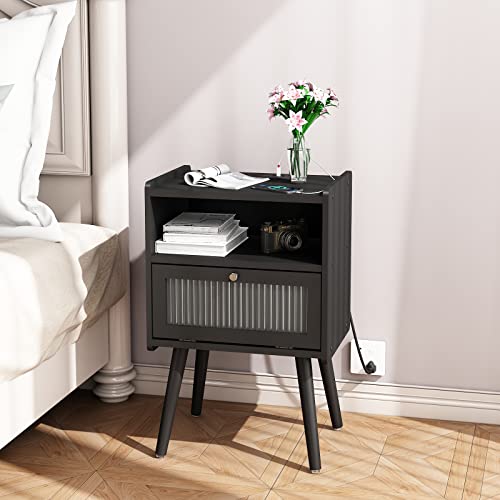 Soowery Mid Century Modern Nightstand With Charging Station, Bedside Tables With Glass Decorative Door, End Table Side Table With 2 Tiers Storage Space, For Bedroom, Living Room, Black #TOP1