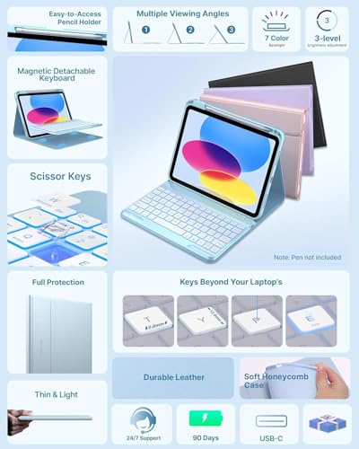 Image of typecase Folio Keyboard Case for iPad A16 (11th) & iPad 10th Gen 10.9 inch (2022), Magnetic Wireless Detachable Keyboard, 7-Color Premium Backlight, Thin & Light, Pencil Holder - Sky Blue