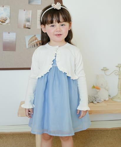 Girls Kids Bolero Cardigan Sweater Cute Ruffle Design Long Sleeve Button Knit Shrug Cropped Cover Up Jacket Tops3