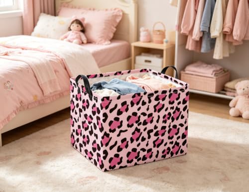 Image of Rectangular Baby Kids Storage Basket for Home Kitchen Girls Cute Toy Storage Bin Organizer Shelf Book Room Decor(Pink Leopard)