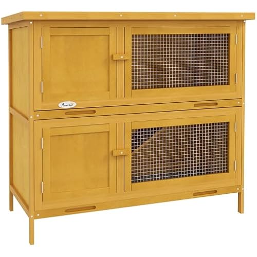 PawHut Wooden Bunny Rabbit Hutch, Small Animal Habitat with Ramp, Removable Tray & Weatherproof Roof, for Rabbits, Chickens, Ducks, Indoor/Outdoor, Yellow