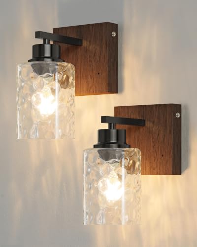 Image of Hammered Glass Battery Operated Wall Sconces Set of Two Black & Walnut
