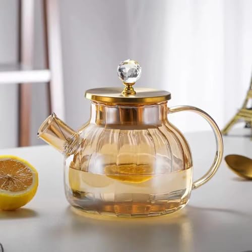Image of PrimeWorld Premium Amber Glass Teapot with Lid - 1 Litre | Elegant Glass Pitcher for Hot Water, Milk & Serving (1 Pc)