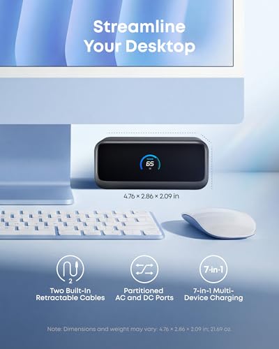 Image of Anker Nano Charging Station, 100W 7-in-1 Power Strip, 2.3ft InstaCord Retractable Cable, Gaming Desk Accessories for Multiple Devices, 3 AC, 3 USB C, 1 USB A, MacBook Charger, Home Office(Non-Battery)