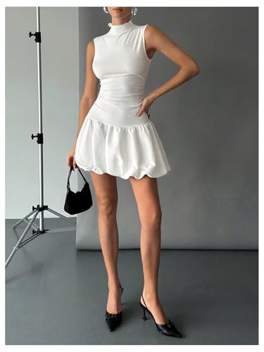 Image of WDIRARA Women's Mock Neck Sleeveless Tank Dress Bubble Sundress Puffy Mini Dresses