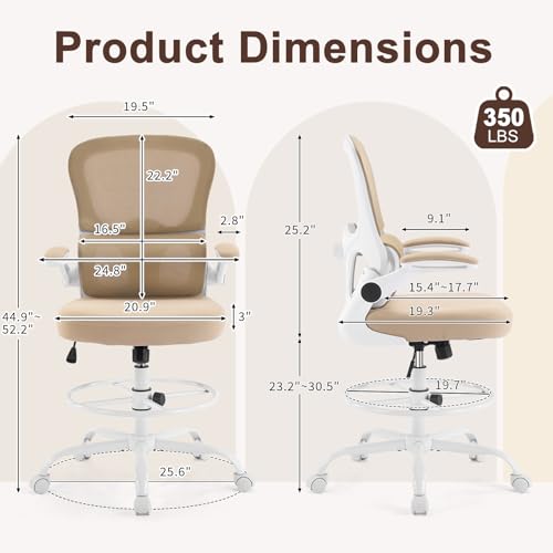 Image of Karl home Ergonomic Drafting Chair, Khaki | Lumbar Support, Flip-Up Armrests, Adjustable Height Footrest Ring, Breathable Mesh, Tall Swivel