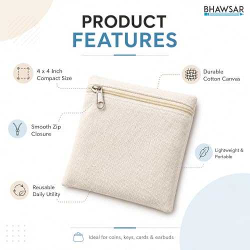 Image of Canvas by DIY Mini Chain Pouch 4x4 Inch | Multipurpose Cotton Canvas Storage Bag with Chain & Zip | Lightweight Portable Pouch for Coins, Keys, Earbuds, Cash, Cards & Accessories