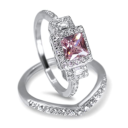 Pink CZ Wedding Ring Set for Women, Simulated Topaz Bridal Engagement Ring Set in Sterling Silver Size 53