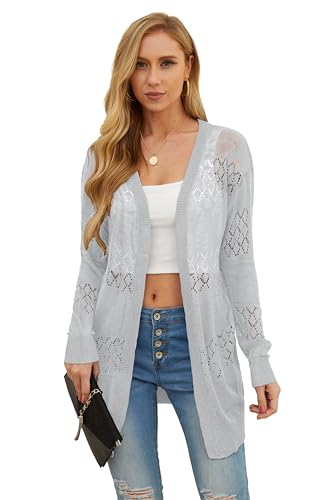 Image of GRECERELLE Lightweight Cardigan Sweaters for Women Crochet Knit Open Front Long Sleeve Loose Casual Boho Summer Beach Coverup