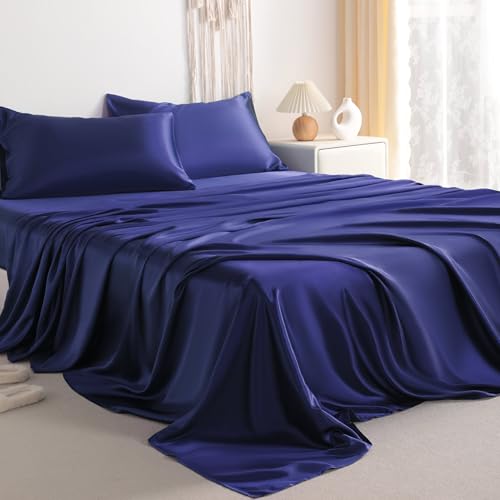 NTBAY King Satin Sheet Set, 4 Piece, Navy Blue - image 1