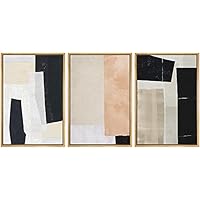 SIGNWIN Framed Canvas Print Wall Art Trio of Asymmetrical Black, Coral & Tan Color Fields Abstract Shapes Illustrations Modern Art Pastel for Living Room, Bedroom, Office - 16