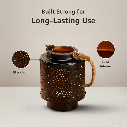 Image of Amazon Brand - Solimo Tea Light Lantern - Round Mandala Design with Handle, Black Iron with Gold Interior, Set of 2 (Size: L-10 cm x W-10 cm x H-13 cm)