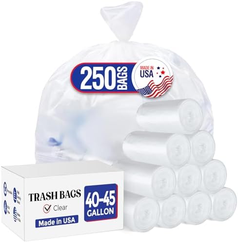 Delxo 40-45 Gallon Clear Trash Bags, 250 Count – Medium Duty Garbage Bags, Thick, Durable & Puncture-Resistant Plastic – Made in USA for Kitchen, Yard, Office & Party