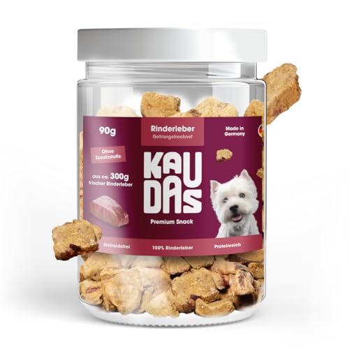 KAUDAS RinderleberPur Natursnack – 2 x 90 g gefriergetrocknetes Rinderleber Leckerli Hund mit hohem Proteingehalt, 100% natürlicher Hundesnack 450g Rohgewicht – ohne Zucker, Getreide & Zusatzstoffe
