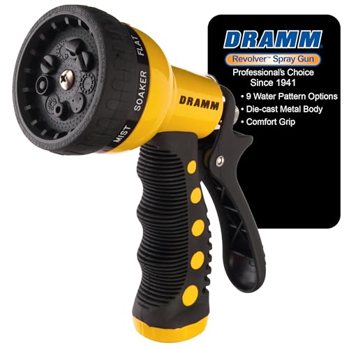 Dramm Revolver Heavy Duty Metal Garden Hose Nozzle – 9 Spray Patterns, High Pressure Jet, Thumb-Control Flow, Ergonomic Grip – Yellow
