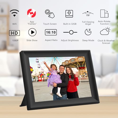 Image of FRAMEO 10.1 inch Digital Photo Frame WiFi HD IPS Touch Screen Digital Picture Frame Expandable Storage via USB or SD Card, Easy Setup Share Photo or Video via Frameo APP, gift for Dad