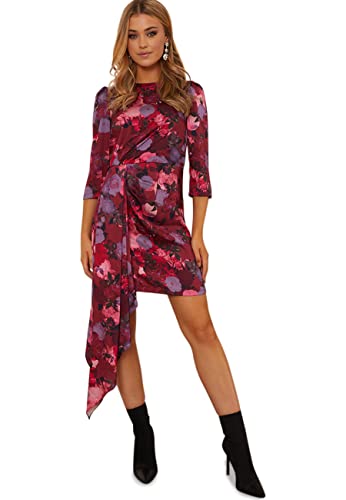 Chi Chi London Damen Midikleid mit Drapierung und Blumenmuster in Berry Cocktailkleid, Beere, 36