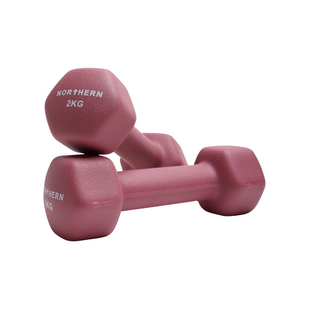 Northern Dusk Pink Neoprene Hex Dumbbells Pair, 1kg–8kg Hand Weights for Home Gym Strength Training, Non-Slip Hexagonal Dumbbells for Fitness, Aerobics, Yoga & Toning (2kg x 2)
