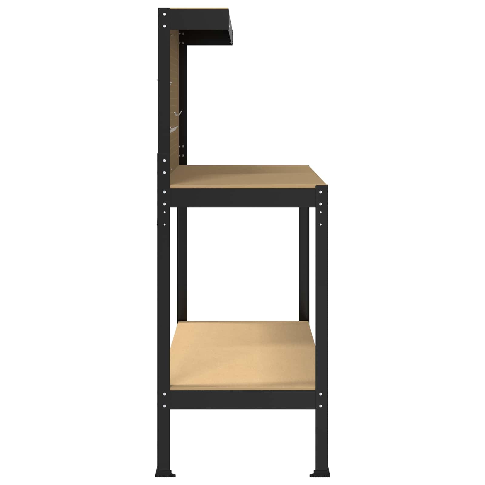 Banco de trabajo negro de madera contrachapada y metal, 114 x 54 x 145 cm, con cajón y pared perforada, almacenamiento práctico para taller, garaje, sala de ocio, superficie de trabajo