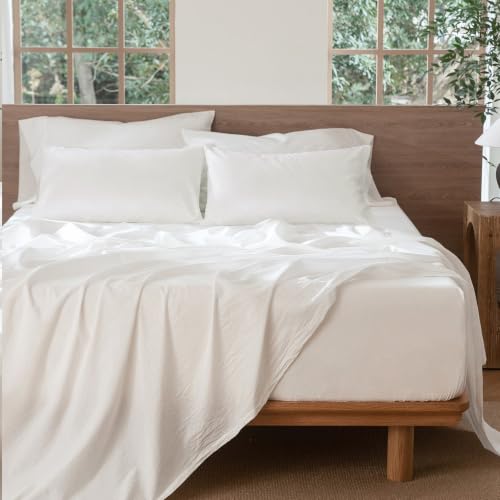 Image of MooMee Sheet Set 100% Washed Cotton Linen-Like Extra Deep Pocket Queen | Relaxed Linen-like Texture. Soft, Breathable & Lightweight Comfort. 15-19 inch Extra Deep Pocket with All-around Elastic