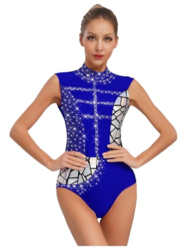 IEFIEL Maillot de Danza Ballet Bodies sin Manga para Mujer Maillot de Gimnasia Rítmica con Pedrería Brillante Body de Patinaje Disfraz Bailarina C Azul M